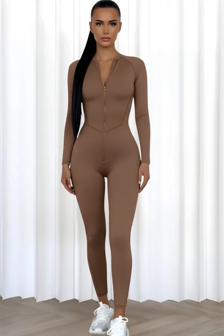  Salopeta din Lycra, cu Maneci Lungi si Spate Gol, Calliope, Camel