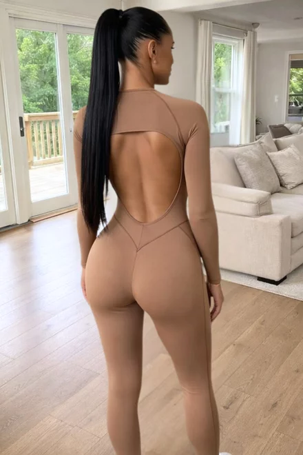 Salopeta din Lycra, cu Maneci Lungi si Spate Gol, Calliope, Camel