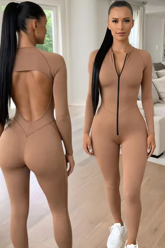 Salopeta din Lycra, cu Maneci Lungi si Spate Gol, Calliope, Camel