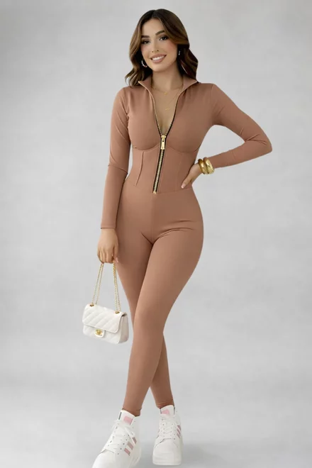 Salopeta din Lycra, Cusaturi Evidentiate si Maneci Lungi, Herra, Camel