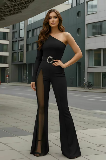 Salopeta Eleganta de Dama, cu Maneca Lunga si Crapatura pe Picior, Vanessa, Neagra