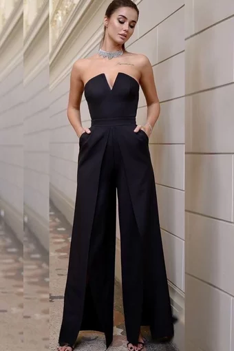 Salopeta Eleganta Lunga, cu Pantalon Larg Decupat, cu Decolteu, Fara Maneci, Escape, Neagra