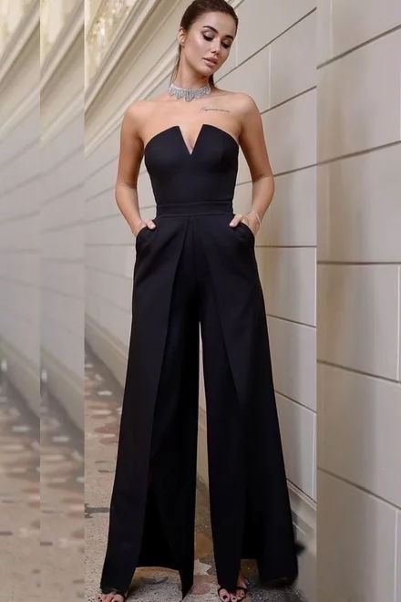 Salopeta Eleganta Lunga, cu Pantalon Larg Decupat, cu Decolteu, Fara Maneci, Escape, Neagra