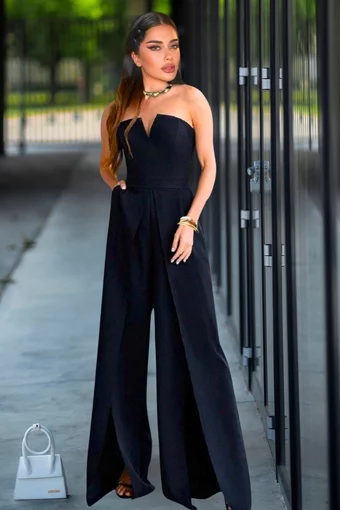 Salopeta Eleganta Lunga, cu Pantalon Larg Decupat, cu Decolteu, Fara Maneci, Escape, Neagra