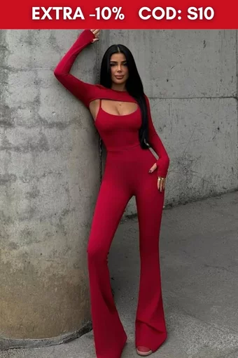 Salopeta Evazata de Dama cu Manecar, din Crep Elastic, Extaso, Rosie
