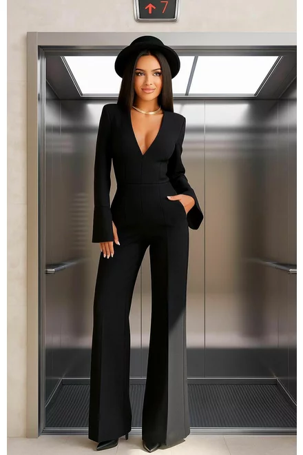 Salopeta Evazata de Dama, cu Maneci Lungi Crapate si Decolteu in V, Vivianna, Neagra