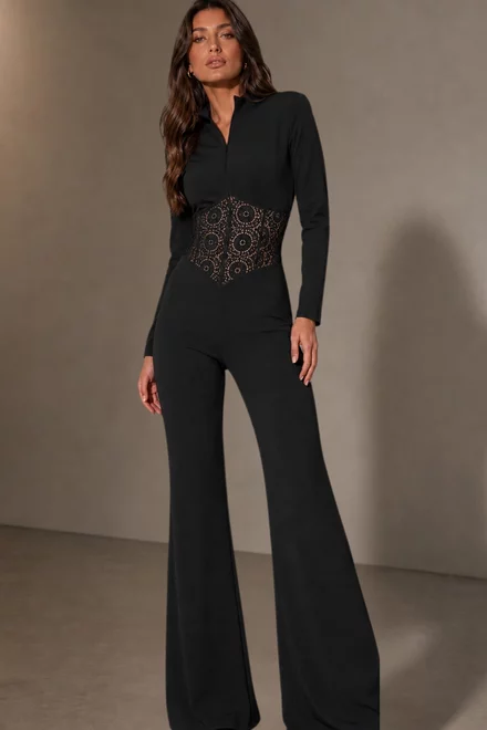 Salopeta Evazata de Dama, din Lycra, cu Brau din Dantela si Maneci Lungi, Moschyne, Neagra