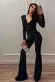 Salopeta Evazata, din Lycra Premium, cu Maneci Lungi, Decolteu Adanc si Petrecuta pe Bust, Dubai Club, Neagra