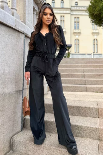 Salopeta Lejera de Dama, din Catifea, cu Inchidere Nasturi si Snur Reglabil in Talie, Morenna, Neagra