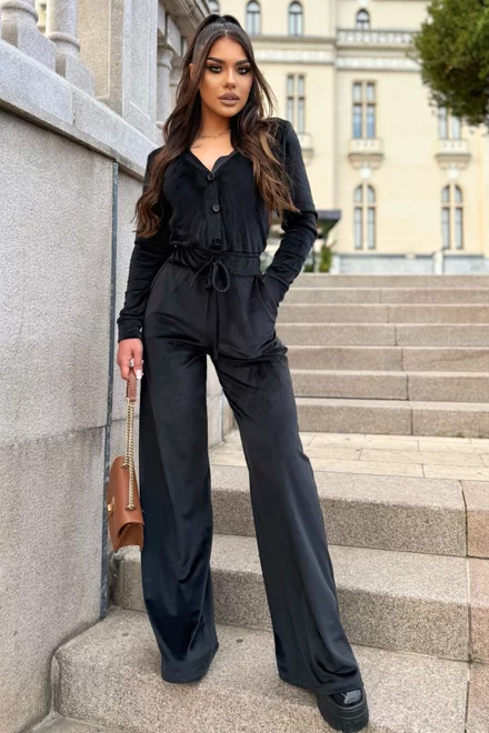 Salopeta Lejera de Dama, din Catifea, cu Inchidere Nasturi si Snur Reglabil in Talie, Morenna, Neagra