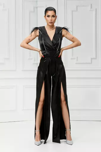 Black Friday - Reduceri Salopeta Lunga,cu Pantalon Larg Decupat din Satin, cu Decolteu Adanc, Escapade, Neagra Promotie
