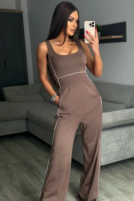 Salopeta Lunga de Dama, din Jersey, cu Maneci Scurte, Kalindra, Cappucino