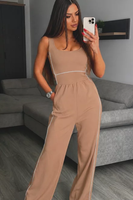 Salopeta Lunga de Dama, din Lycra, cu Maneci Scurte, Sally, Caramel