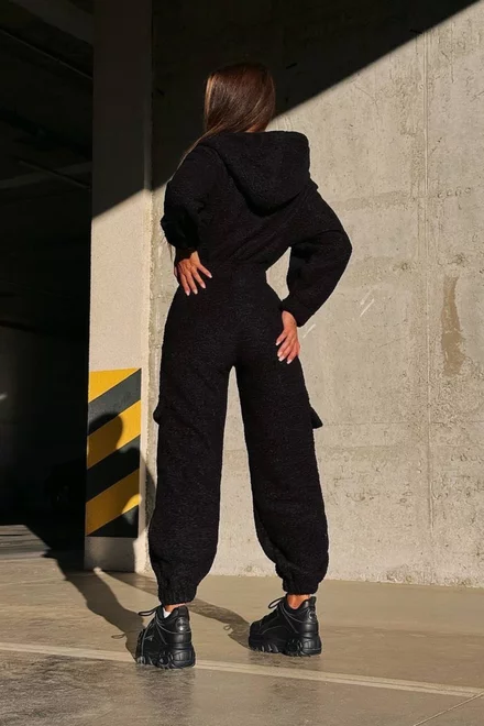 Salopeta Tip Teddy , Material Pufos , cu Inchidere Fermoar, Karmine, Neagra