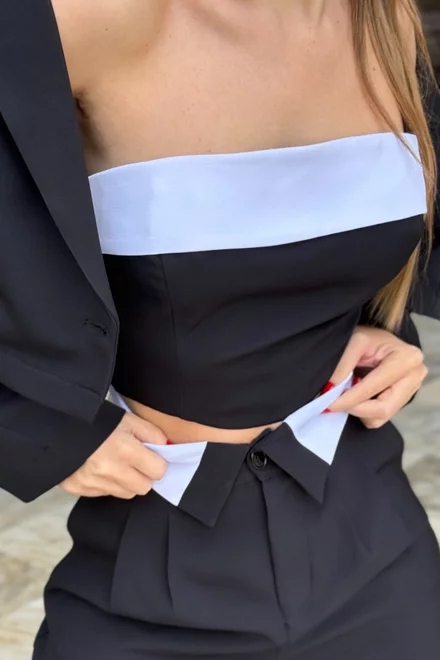 Top Scurt de Dama, din Bistrech, cu Betelie Alba in Contrast, Azorre, Negru