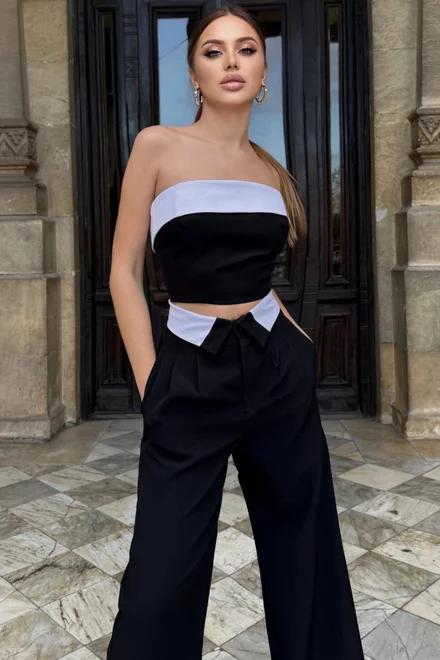 Top Scurt de Dama, din Bistrech, cu Betelie Alba in Contrast, Azorre, Negru