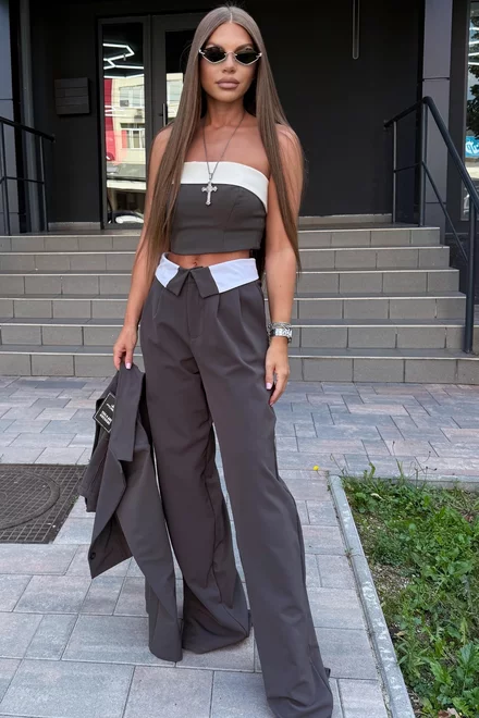 Top Scurt de Dama ,din Bistrech , cu Betelie Alba in Contrast , Bistelle, Gri