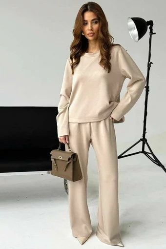 Trening Dama din 2 Piese, Pantalon cu Buzunare Laterale si Hanorac cu Crapatura pe Lateral Oversize, Sale, Cappucino