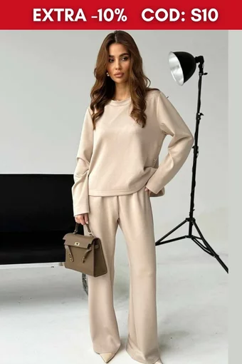 Trening Dama din 2 Piese, Pantalon cu Buzunare Laterale si Hanorac cu Crapatura pe Lateral Oversize, Sale, Cappucino