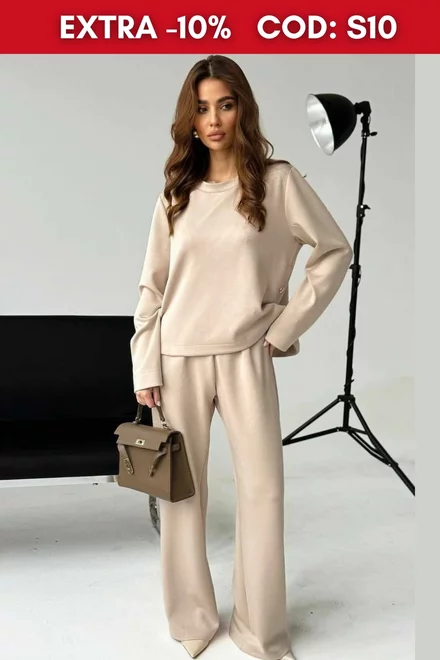 Trening Dama din 2 Piese, Pantalon cu Buzunare Laterale si Hanorac cu Crapatura pe Lateral Oversize, Sale, Cappucino