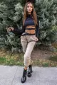 Trening Dama, din 2 Piese, Pantalon din Fas Bej si Bluza Scurta, Decupata,din Lycra, Rocking, Negru