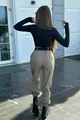 Trening Dama, din 2 Piese, Pantalon din Fas Bej si Bluza Scurta, Decupata,din Lycra, Rocking, Negru