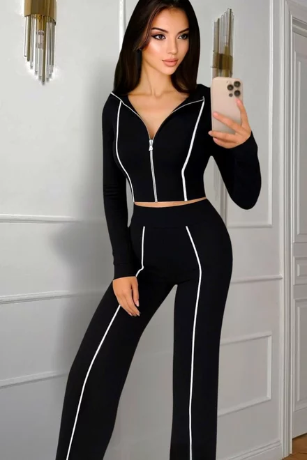 Trening Dama, din Bumbac, Pantalon Lungi si Hanorac cu Dungi Albe in Contrast, Aquarius, Negru