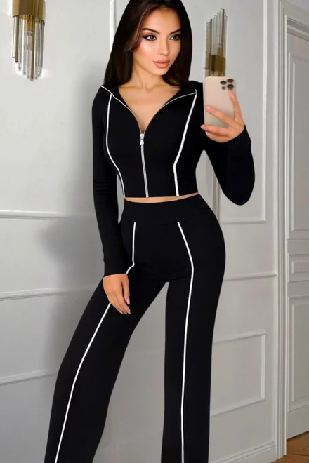 Trening Dama, din Bumbac, Pantalon Lungi si Hanorac cu Dungi Albe in Contrast, Aquarius, Negru