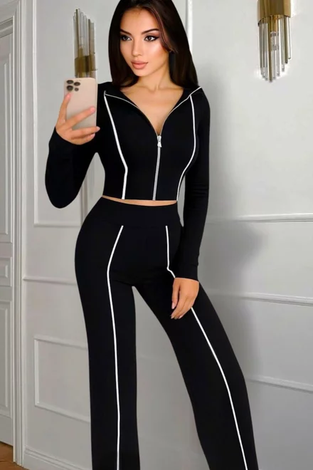 Trening Dama, din Bumbac, Pantalon Lungi si Hanorac cu Dungi Albe in Contrast, Aquarius, Negru