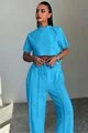 Trening Dama, din Bumbac, Top Scurt si Pantaloni Lungi cu Cusaturi Evidentiate, SportyChic, Albastru