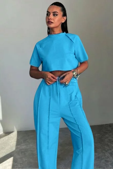 Trening Dama, din Bumbac, Top Scurt si Pantaloni Lungi cu Cusaturi Evidentiate, SportyChic, Albastru