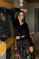 Trening Dama, din Doua Piese, Catifea Fina, Hanorac si Pantaloni cu Sireturi Decorative, Peneloppe, Negru