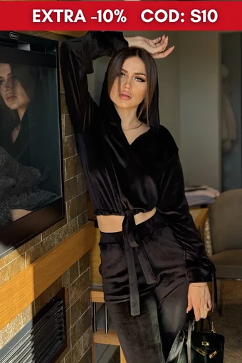 Trening Dama, din Doua Piese, Catifea Fina, Hanorac si Pantaloni cu Sireturi Decorative, Peneloppe, Negru