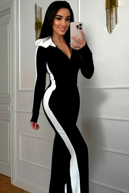 Trening Dama, din Jersey Premium, Doua Piese, Hanorac Scurt si Pantalon Lung Evazat, Aries, Negru