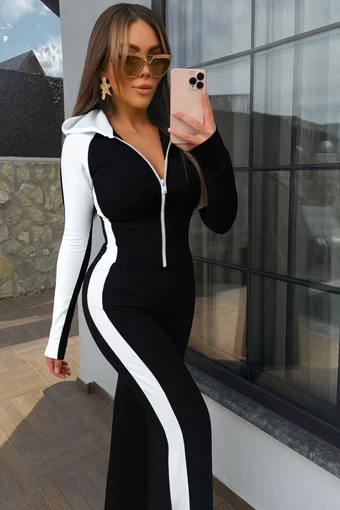 Trening Dama, din Jersey Premium, Doua Piese, Hanorac Scurt si Pantalon Lung Evazat, Aries, Negru