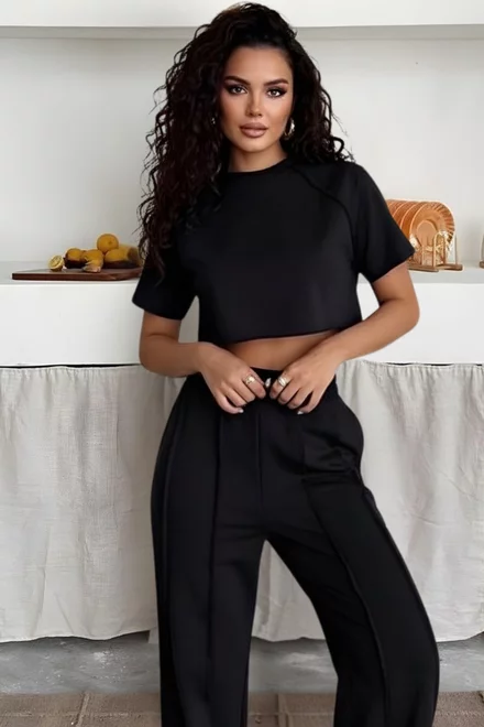 Trening Dama, Doua Piese, din Bumbac, Pantalon si Top cu Cusaturi Evidentiate, Majore, Negru