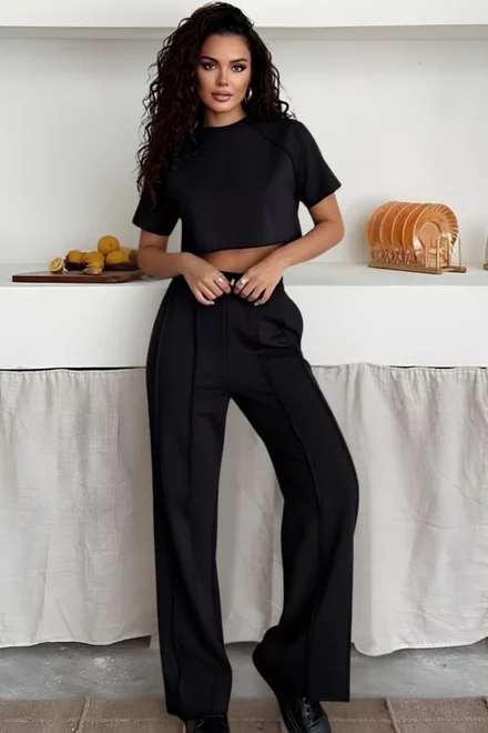 Trening Dama, Doua Piese, din Bumbac, Pantalon si Top cu Cusaturi Evidentiate, Majore, Negru