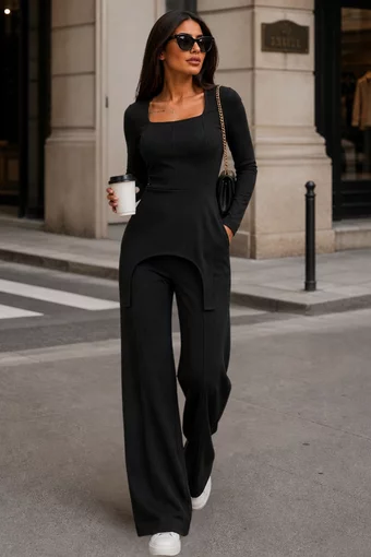 Trening de Damă, Bluză cu Decolteu Pătrat și Croială Asimetrică, Pantaloni Largi, Ellary, Negru