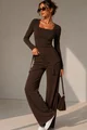 Trening de Dama, din Bumbac, Bluza cu Cusaturi Evidentiate si Pantaloni Lejeri, Cayro, Maro