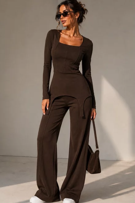 Trening de Dama, din Bumbac, Bluza cu Cusaturi Evidentiate si Pantaloni Lejeri, Cayro, Maro