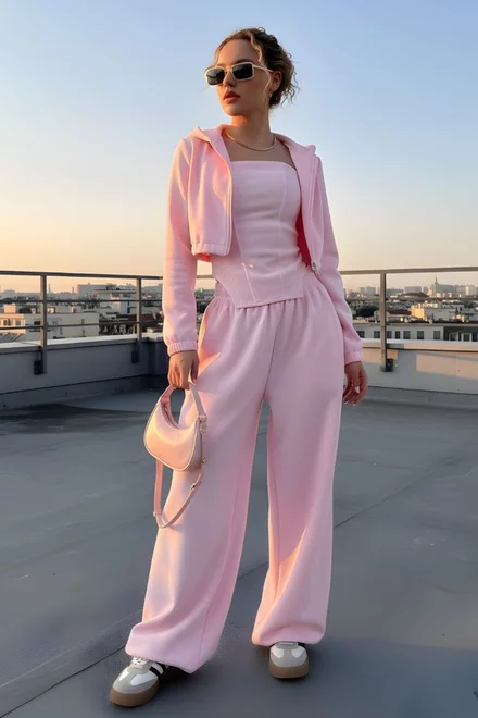 Trening de Dama, din Bumbac, cu Corset Reglabil, Hanorac Scurt si Pantaloni Lejeri, Barbye, Roz