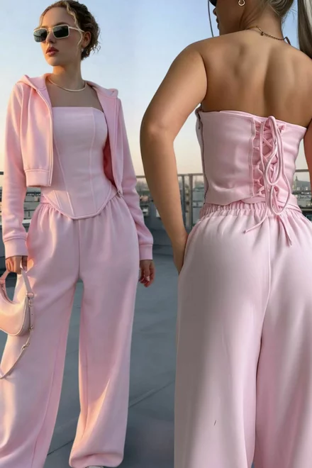 Trening de Dama, din Bumbac, cu Corset Reglabil, Hanorac Scurt si Pantaloni Lejeri, Barbye, Roz