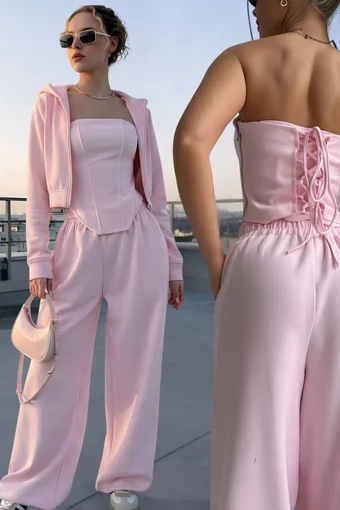 Trening de Dama, din Bumbac, cu Corset Reglabil, Hanorac Scurt si Pantaloni Lejeri, Barbye, Roz