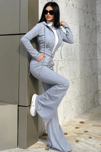 Trening de Dama, din Bumbac, Doua Piese, Hanorac cu Corset Reglabil si Pantaloni Evazati, Bruxelles, Gri