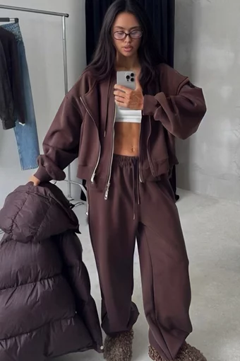 Trening de Dama, din Bumbac, Doua Piese, Hanorac cu Gluga, Dublura Fermoar si Pantalon Lejer, Campuss, Maro