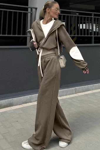 Trening de Dama, din Bumbac Doua Piese, Hanorac Scurt cu Gluga si Pantaloni Cusaturi Evidentiate, Souvagge, Cappucino