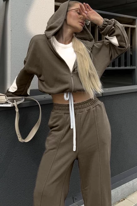 Trening de Dama, din Bumbac Doua Piese, Hanorac Scurt cu Gluga si Pantaloni Cusaturi Evidentiate, Souvagge, Cappucino