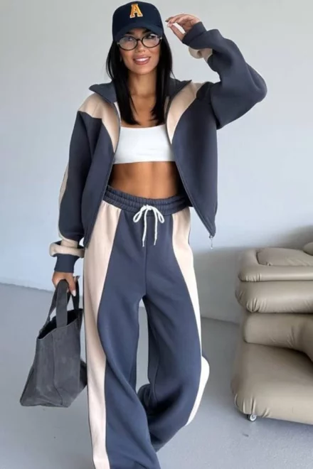 Trening de Dama, din Bumbac, Doua Piese, Hanorac si Pantalon Lejer, Zeffer, Gri