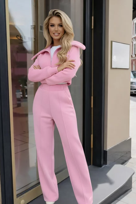 Trening de Dama, din Bumbac, Doua Piese, Top si Pantalon cu Betelie Dubla, Majorka, Roz