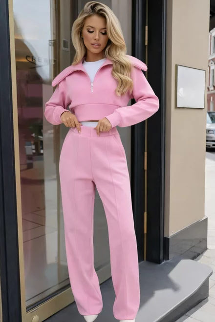 Trening de Dama, din Bumbac, Doua Piese, Top si Pantalon cu Betelie Dubla, Majorka, Roz